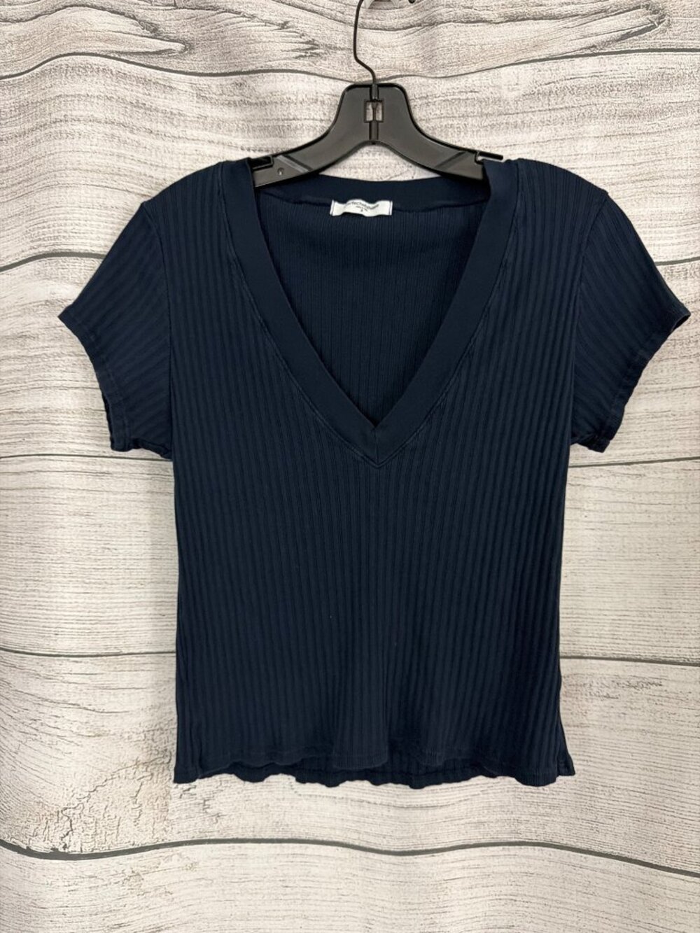 Perfectwhitetee Bobby V Neck Ribbed Navy Top Size S